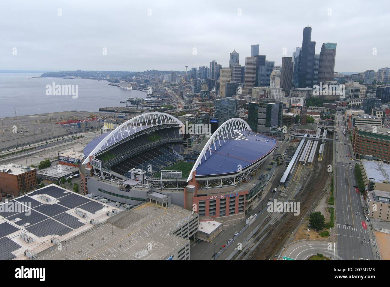 An aerial view of Lumen Field, Wednesday, July 14, 2021, in Seattle