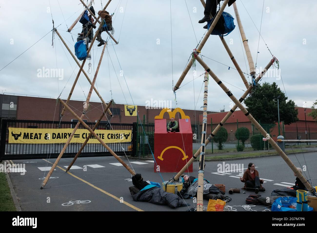 Scunthorpe Uk 15th July 21 Animal Rights Activists From The Group Animal Rebellion Use Bamboo Structures To Blockade Access To An Osi Food Processing Plant That Produces All The Burgers For Mcdonalds