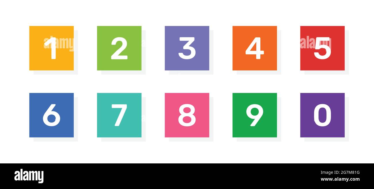 Numbers 1, 2, 3, 4, 5, 6, 7, 8, 9 and 0 vector icons on colorful square button design. Stock Vector