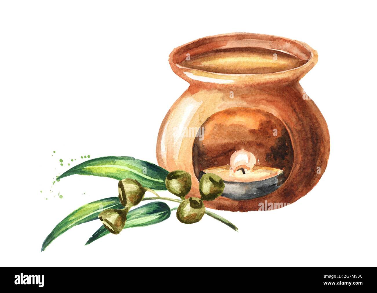 Eucalyptus essential oil and aroma lamp. Watercolor hand drawn illustration isolated on white