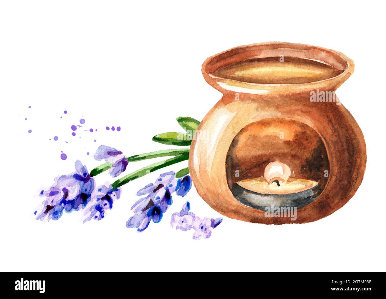 Lavender flower essential oil and aroma lamp. Watercolor hand drawn