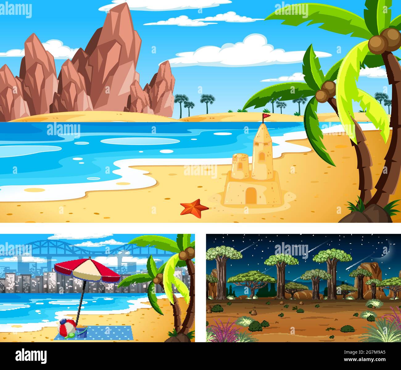 Three different nature horizontal scenes illustration Stock Vector