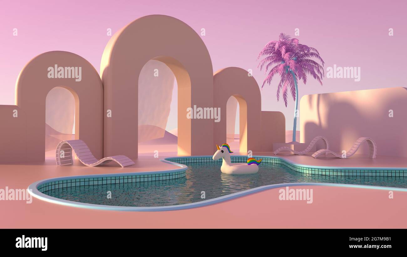 3d rendering of a swimming pool under the pink sky Stock Photo - Alamy