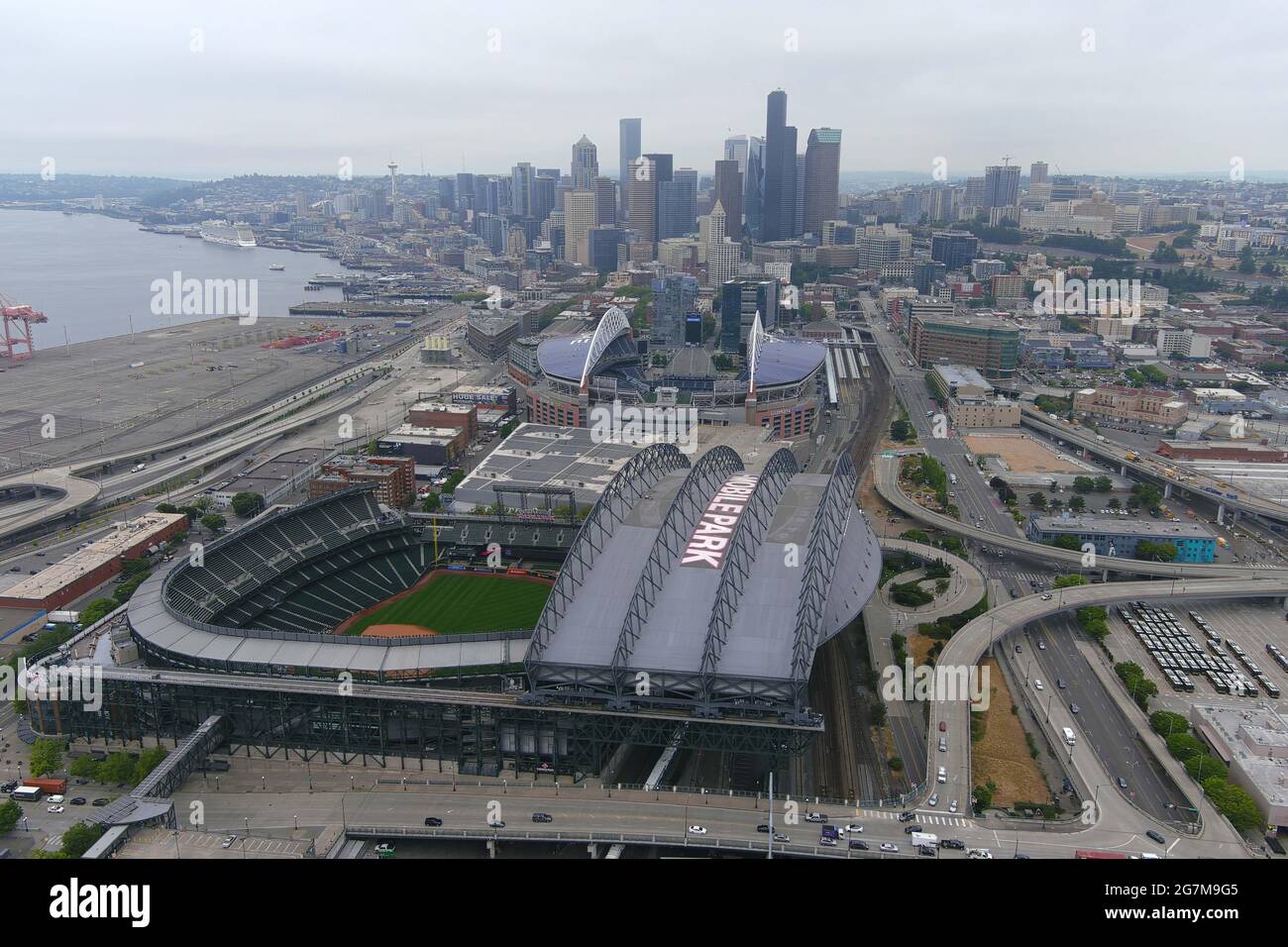 An aerial view of TMobile Park (foreground) and Lumen Field, Wednesday
