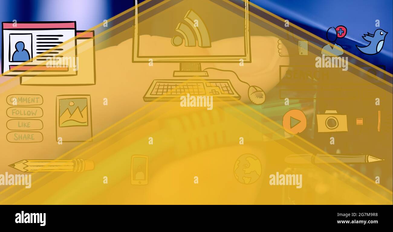Multiple digital icons against close up of hand inserting cable in computer server Stock Photo