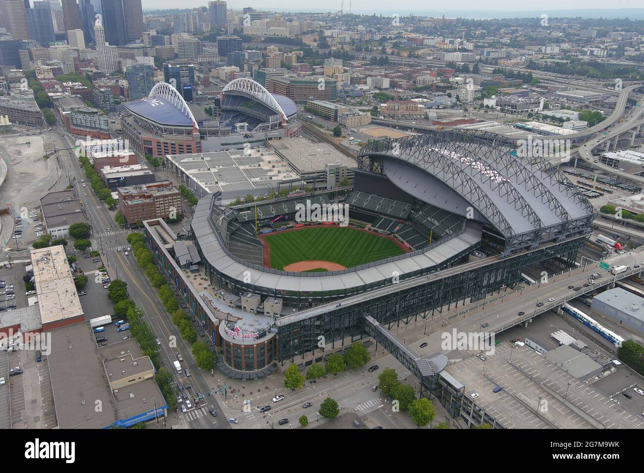 An aerial view of TMobile Park (foreground) and Lumen Field, Wednesday