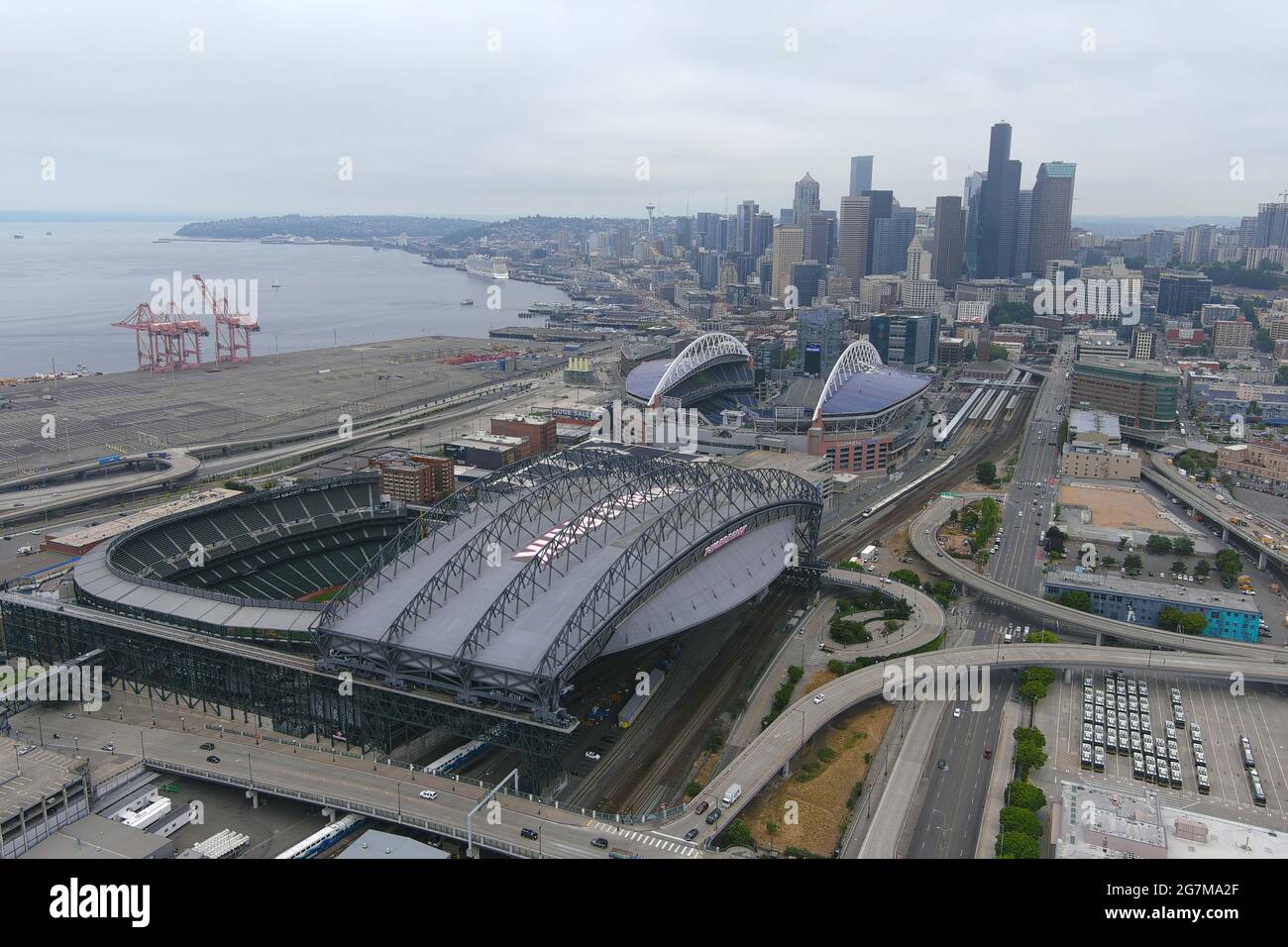 An aerial view of T-Mobile Park (foreground) and Lumen Field, Wednesday, July 14, 2021, in Seattle, T-Mobile Park is the home of the Seattle Mariners Stock Photo