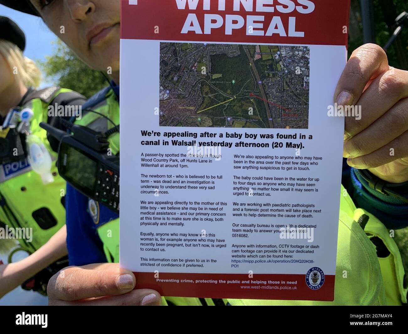 File photo dated 27/5/2021 of details of a leaflet explaining the incident that occurred in Rough Wood country park in Walsall, where a dead newborn baby boy was found in the local canal. A £5,000 reward is being offered for information about the suspected murder of a newborn baby whose body was found in the West Midlands canal. Issue date: Thursday July 15, 2021. Stock Photo