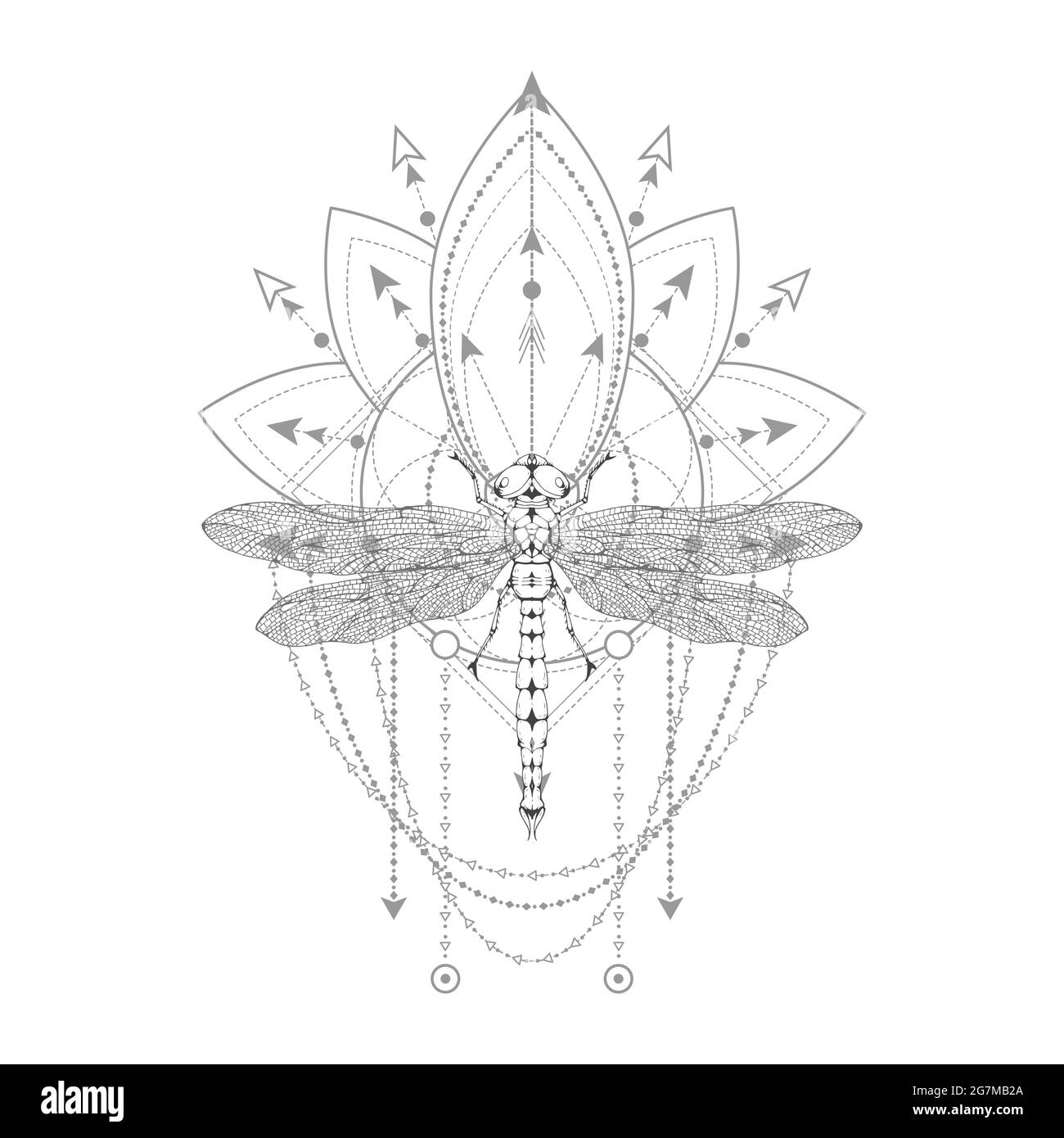 Vector illustration with hand drawn dragonfly and Sacred symbol on white background. Abstract mystic sign. Black linear shape. For you design, tattoo Stock Vector
