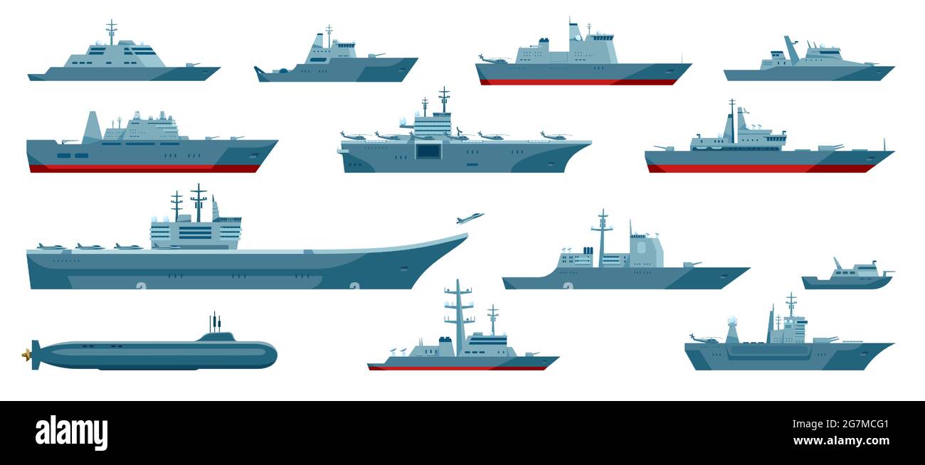 Military boats. Aircraft carrier, warship, navy frigate, battleship, submarine, war vessel. Naval combat ships or frigates vector set. Transportation with weapons for defense isolated Stock Vector