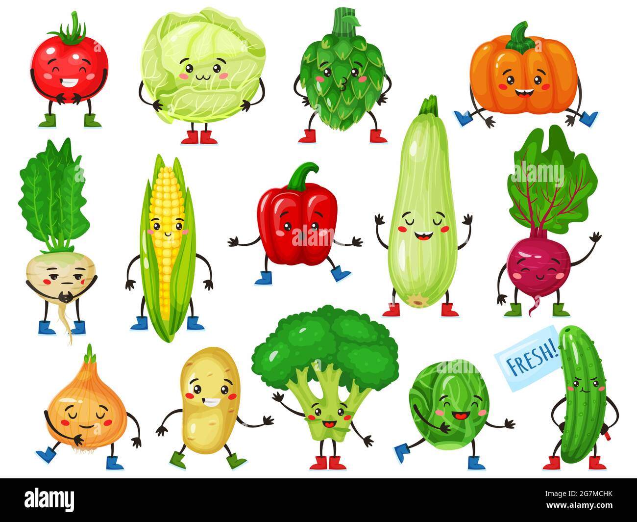 Vegetable characters. Cute broccoli, tomato, pumpkin, cucumber, corn,  cabbage with smiling faces. Funny vegetables mascot character vector set.  Farm veggies with vitamins for vegans Stock Vector Image & Art - Alamy