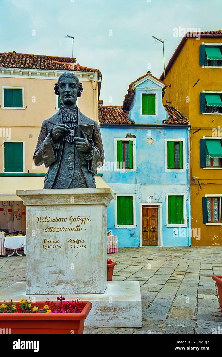 Venice, Italy - October 06, 2001: View of the Composer Baldassare Galuppi Memorial statue in the Burano Island, Venice, Veneto, Italy Stock Photo