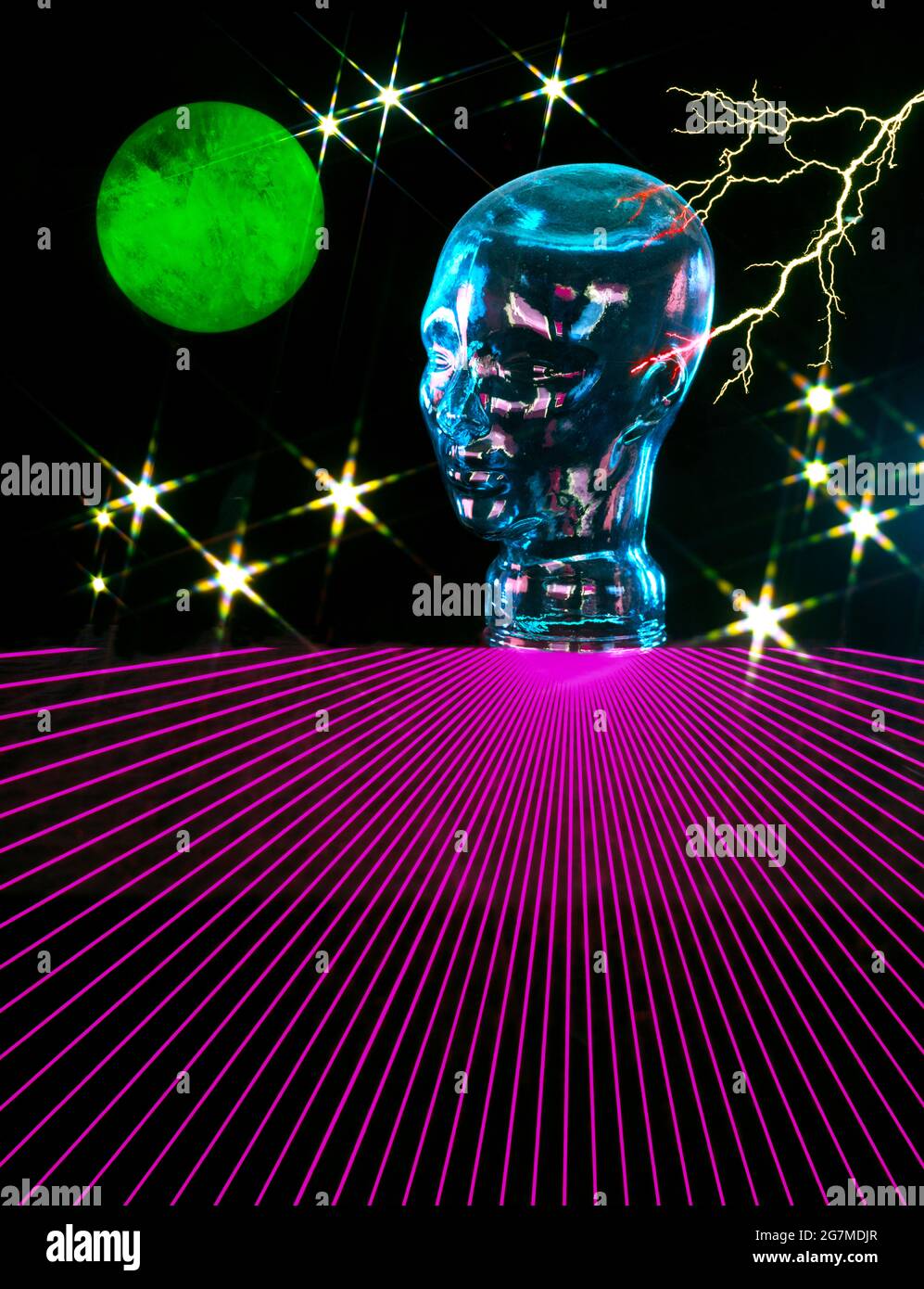 abstract conceptual illustrative bluecolour glass head lightening black background starbursts green moon/planet on purple & black striped foreground Stock Photo