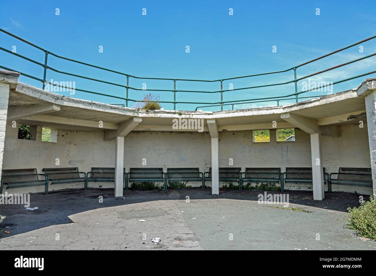A covered seating area formerly defences overlooking Firestone Bay and Plymouth Sound in Devon. Likely to provide shelter once more for the Homeless a Stock Photo