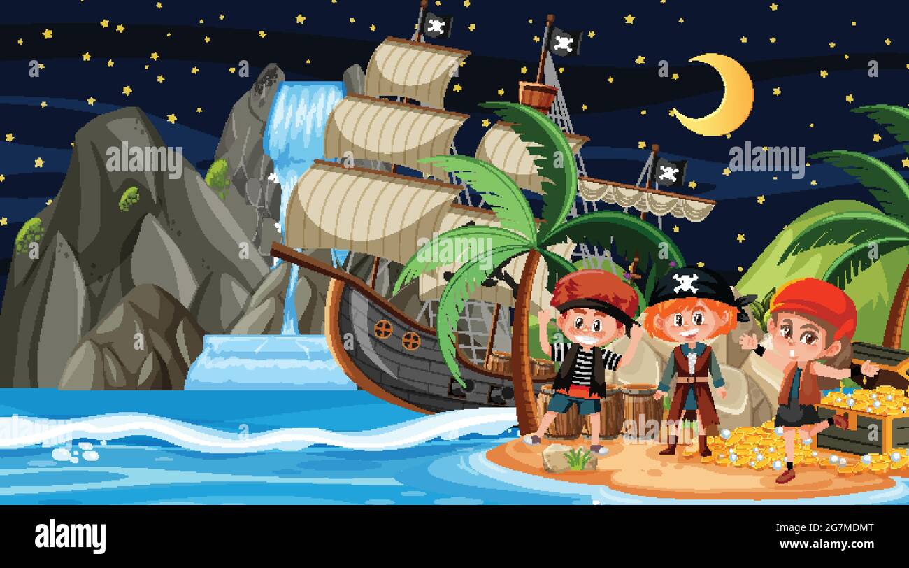 Treasure Island scene at night with Pirate kids illustration Stock ...