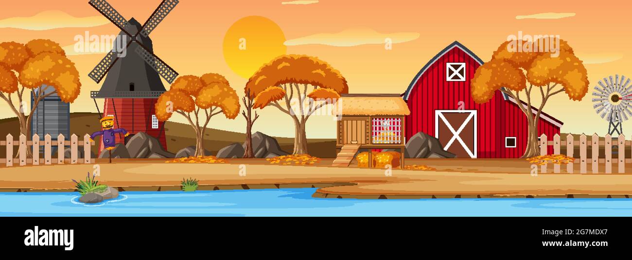 Farm horizontal landscape at sunset time scene illustration Stock ...