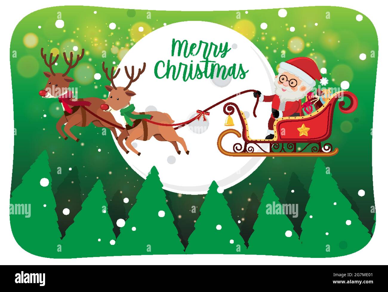 Merry Christmas font with Santa Claus on a sleigh in snow scene illustration Stock Vector