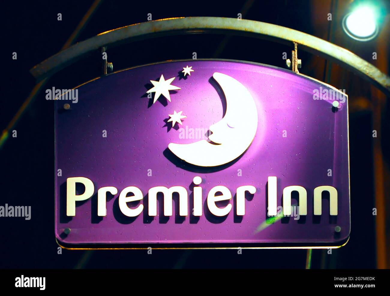 MANCHESTER - JULY 13: Close-up of logotype of Premier Inn hotel in Manchester, July 13. 2021 in UK. Stock Photo
