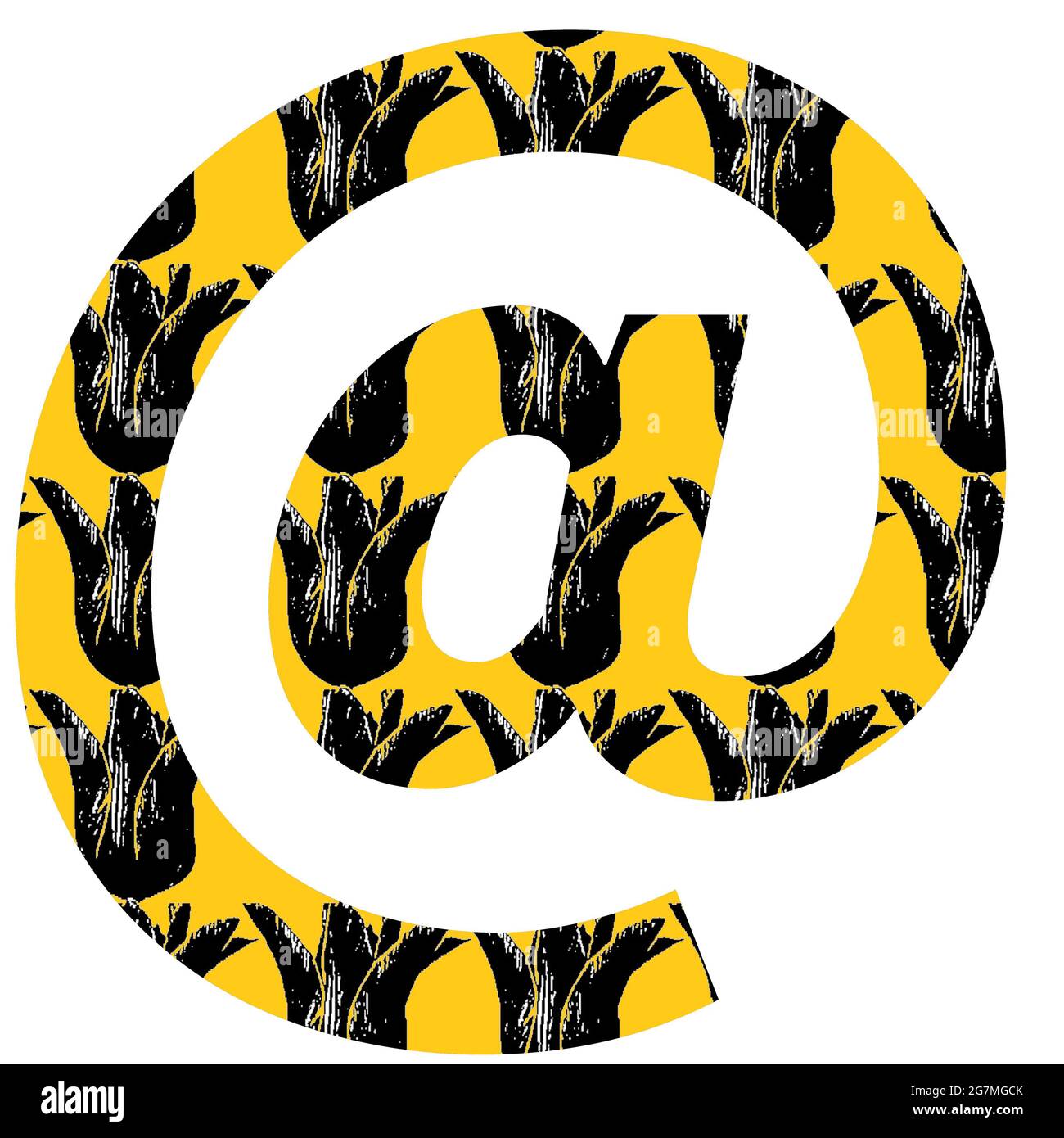 At sign, mail sign of the alphabet made with a pattern of black tulip on a yellow background, isolated on a white background Stock Photo