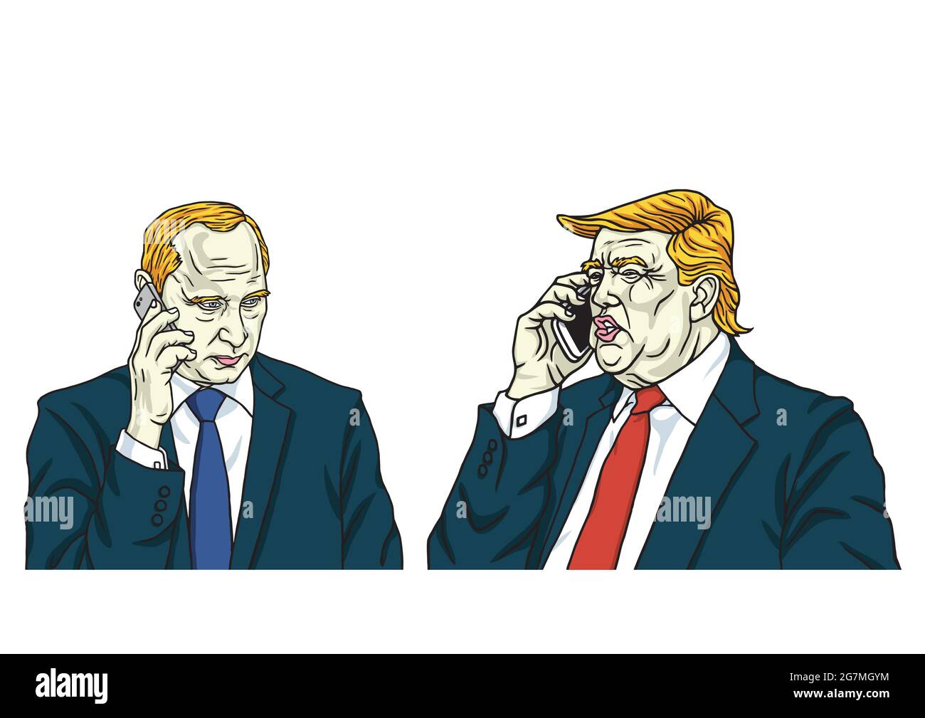 Donald Trump with Vladimir Putin on Phone. Cartoon Caricature Vector Illustration Stock Vector