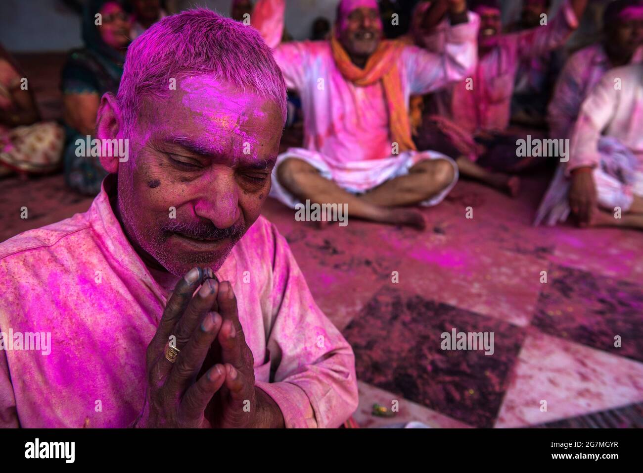 Holi in the town of Nandgaon, where India's spring festival is at is most boisterous. Stock Photo