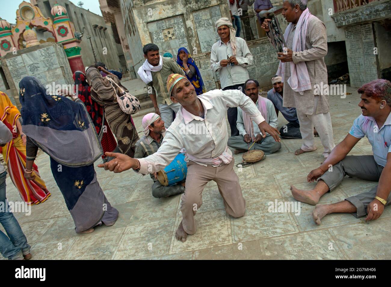 Holi celebrations in Vrindavarn, a town left high and dry from the Yamuna River. Stock Photo