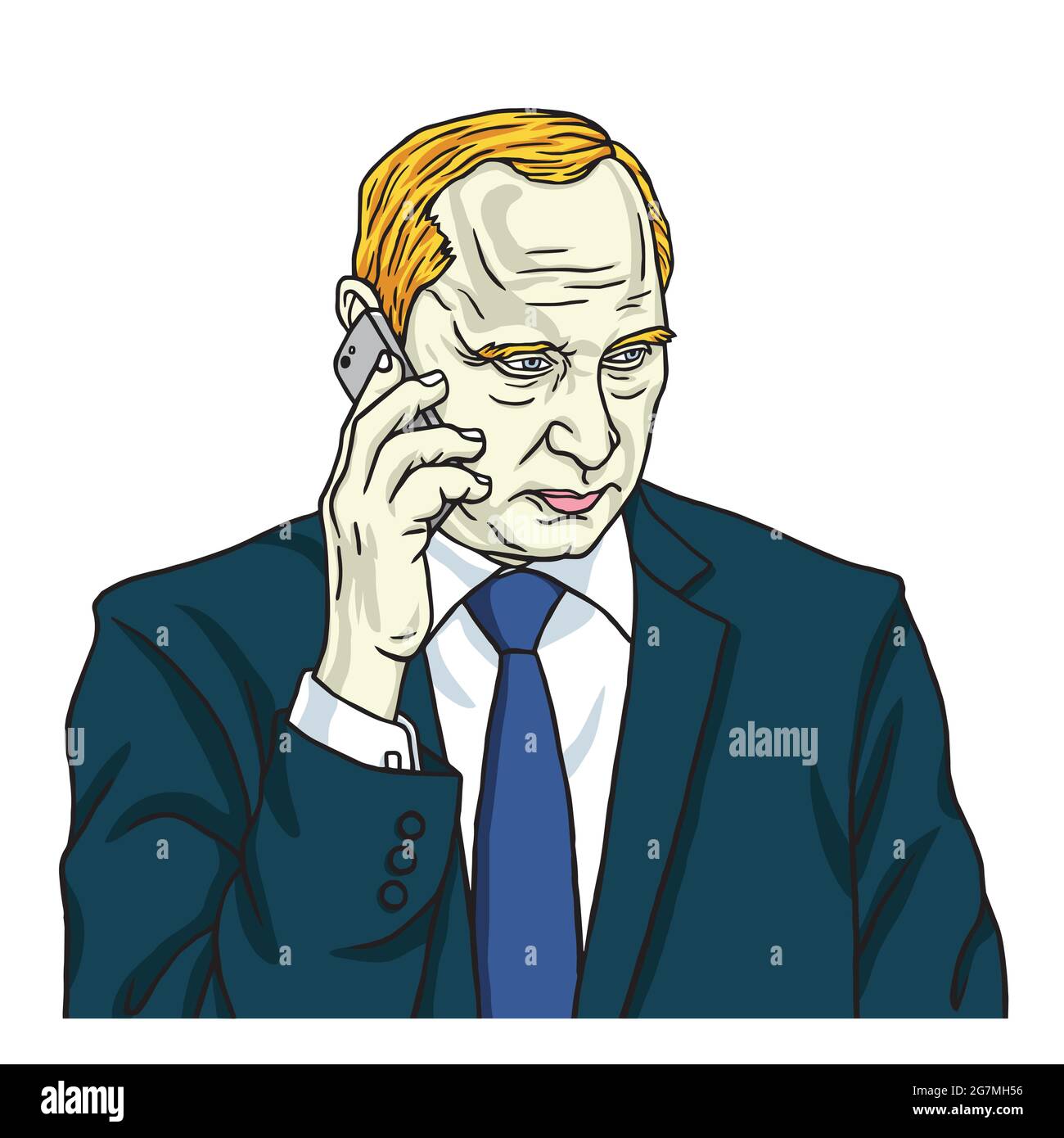 Vladimir Putin on Phone. Vector Portrait Cartoon Caricature Stock Vector