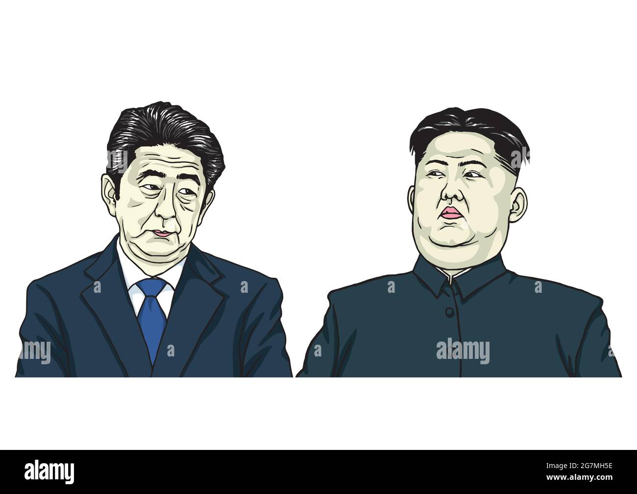 Kim Jong-un with Shinzo Abe. Cartoon Caricature Vector Illustration. Stock Vector