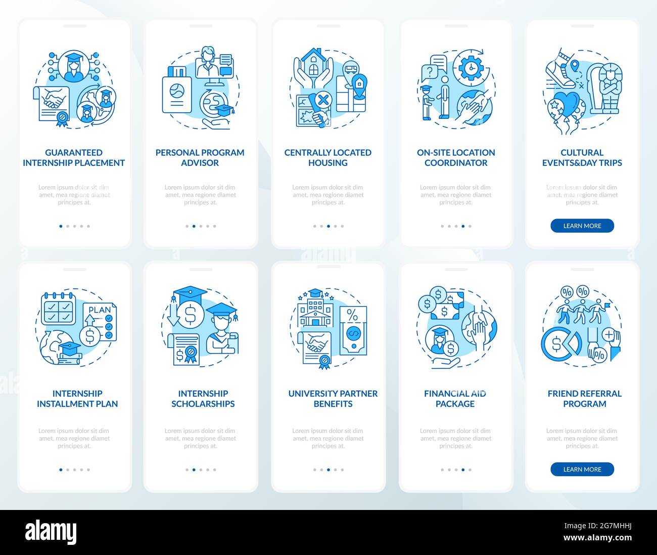 Job training programs onboarding mobile app page screens set Stock Vector