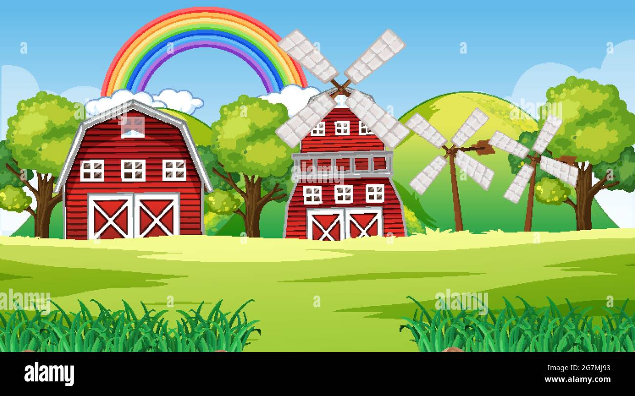 Farm landscape scene with barn and windmill illustration Stock Vector ...