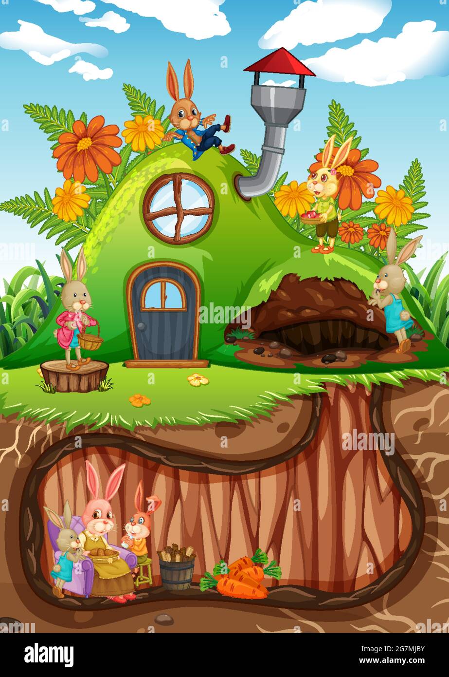 Underground rabbit hole with ground surface of the garden scene illustration Stock Vector Image