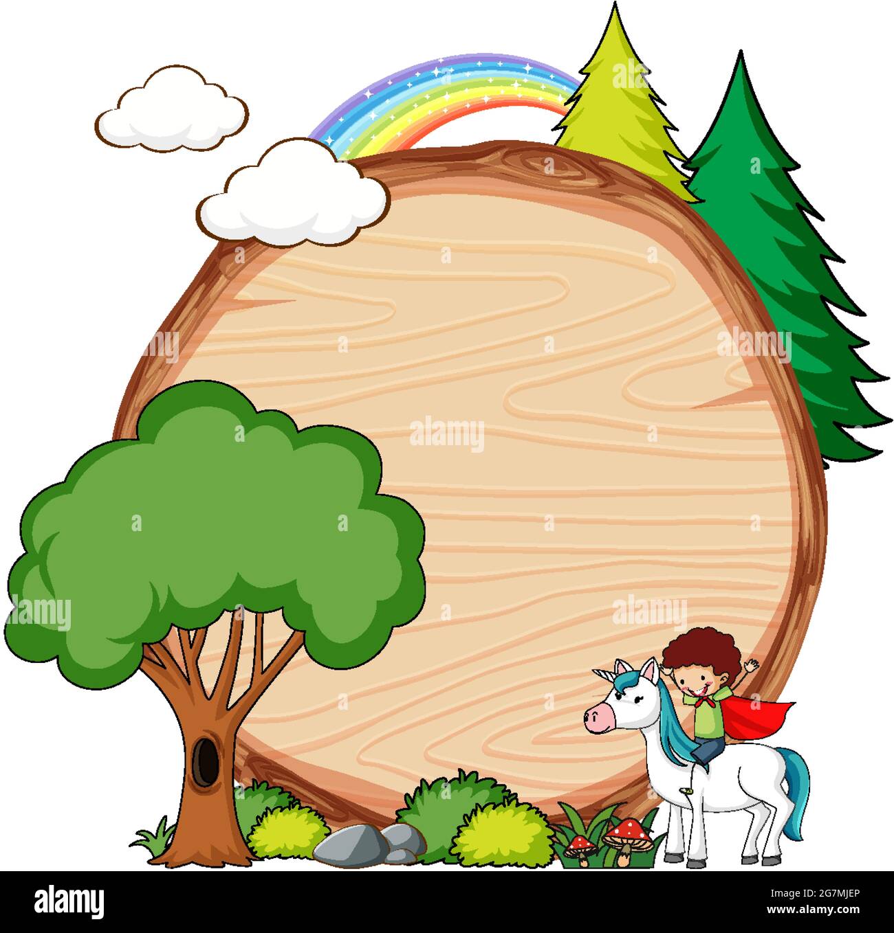 Empty wooden banner with fairy tale cartoon character and elements ...