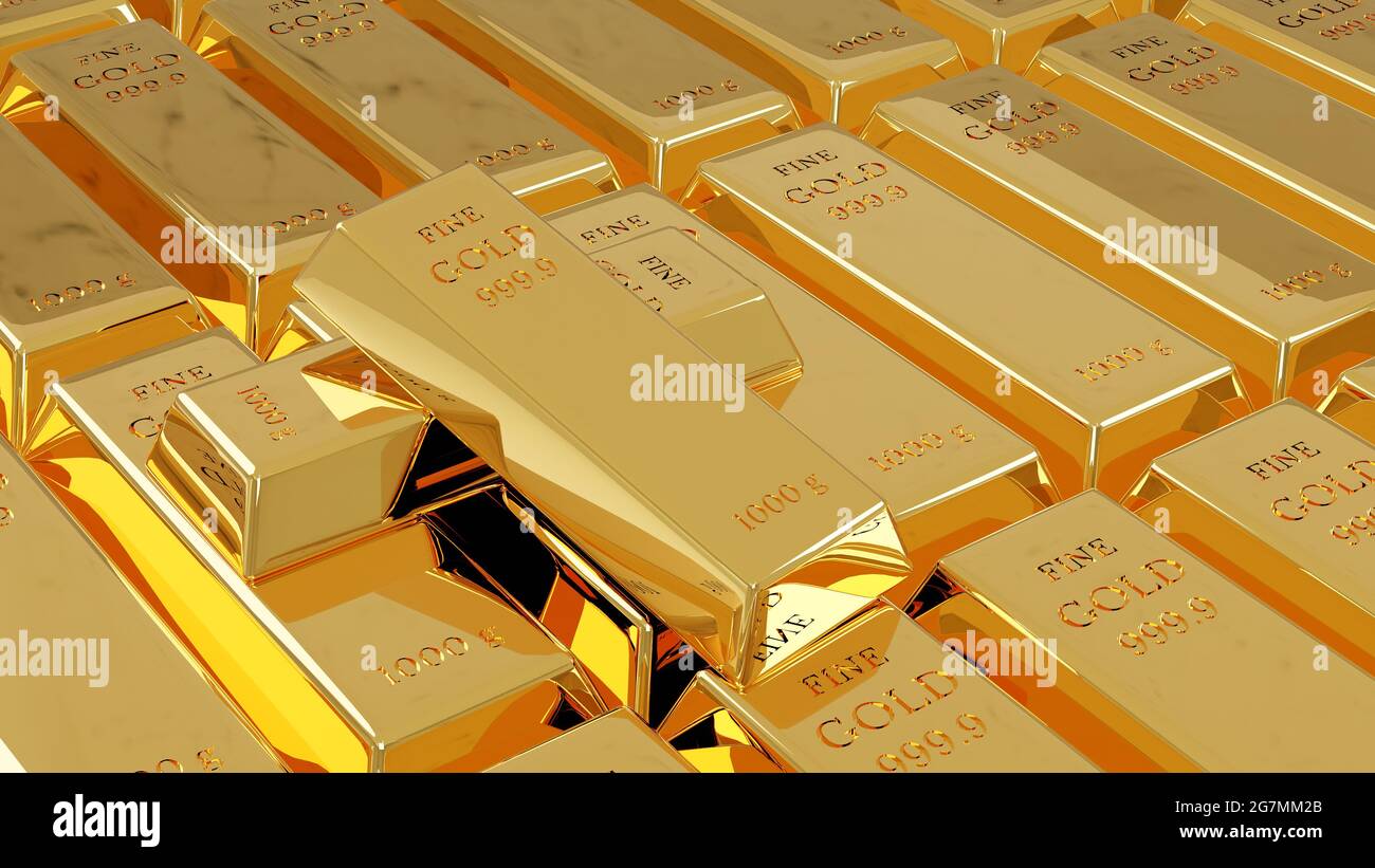 Fine gold bars weight of 1000 grams on stack of fine gold bars. Financial concept. 3D rendering illustration. Stock Photo