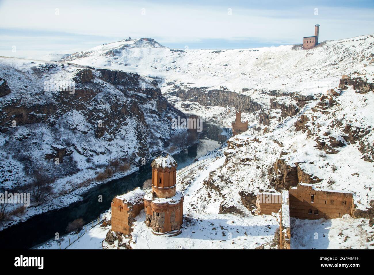 Ani Ruins, Ani is a ruined and uninhabited medieval Armenian city-site situated in the Turkish province of Kars Stock Photo