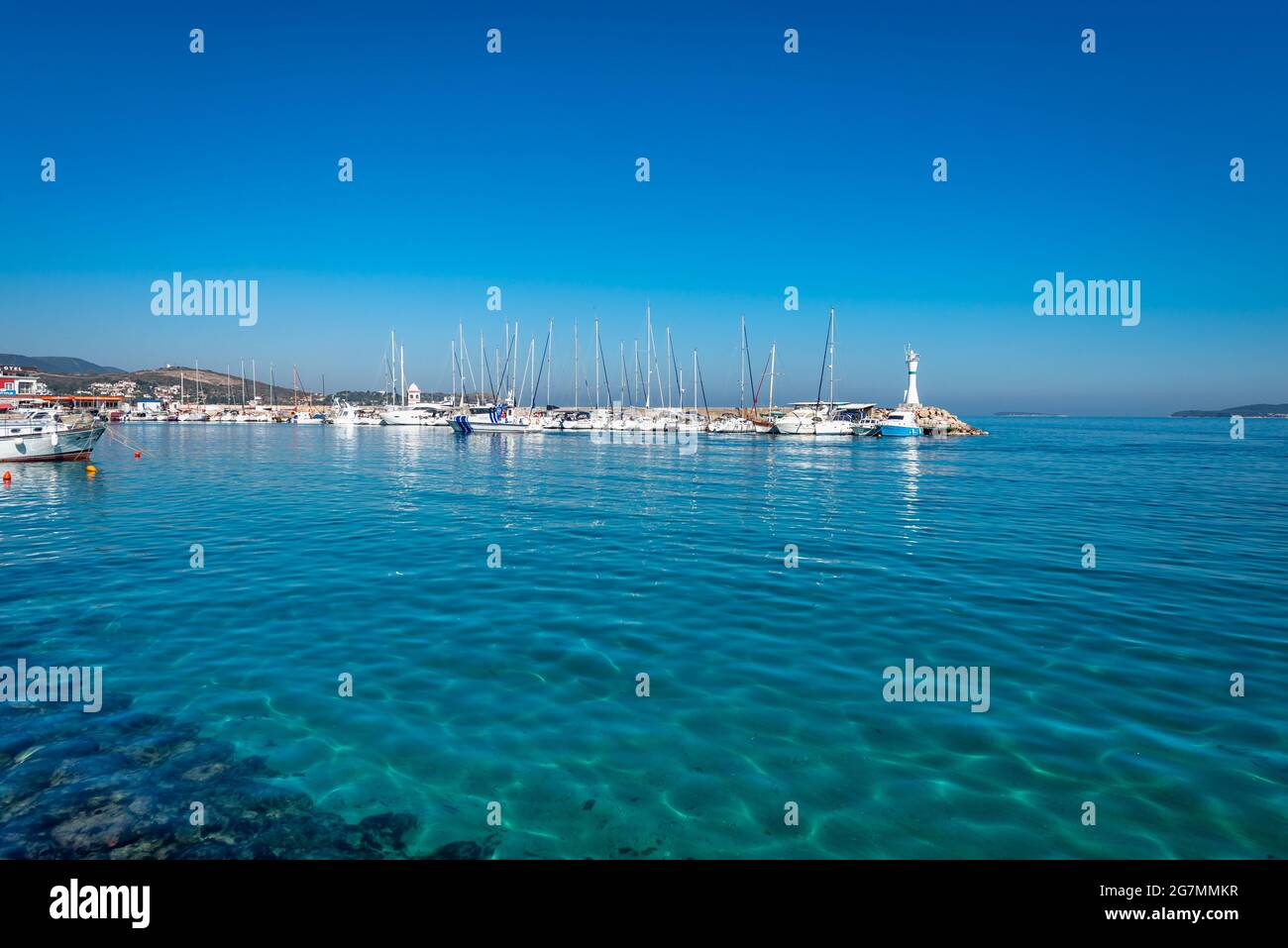 ISKELE, URLA, IZMIR, TURKEY. View on marina from the cafe on the pier Stock Photo