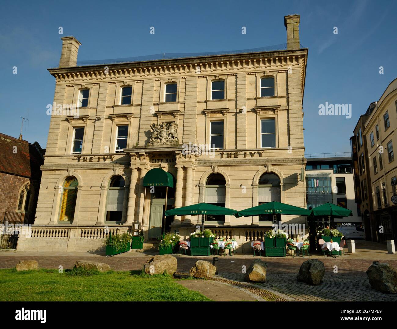 A large and imposing traditional bank building in central Exeter, now used as a restaurant. Stock Photo