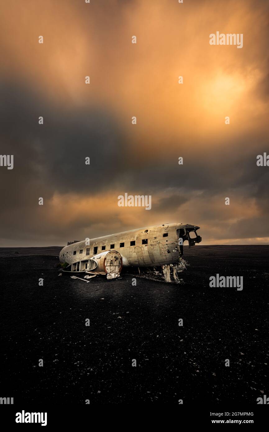 Famous DC3 plane wreck in the black sand of Sólheimasandur. Stock Photo