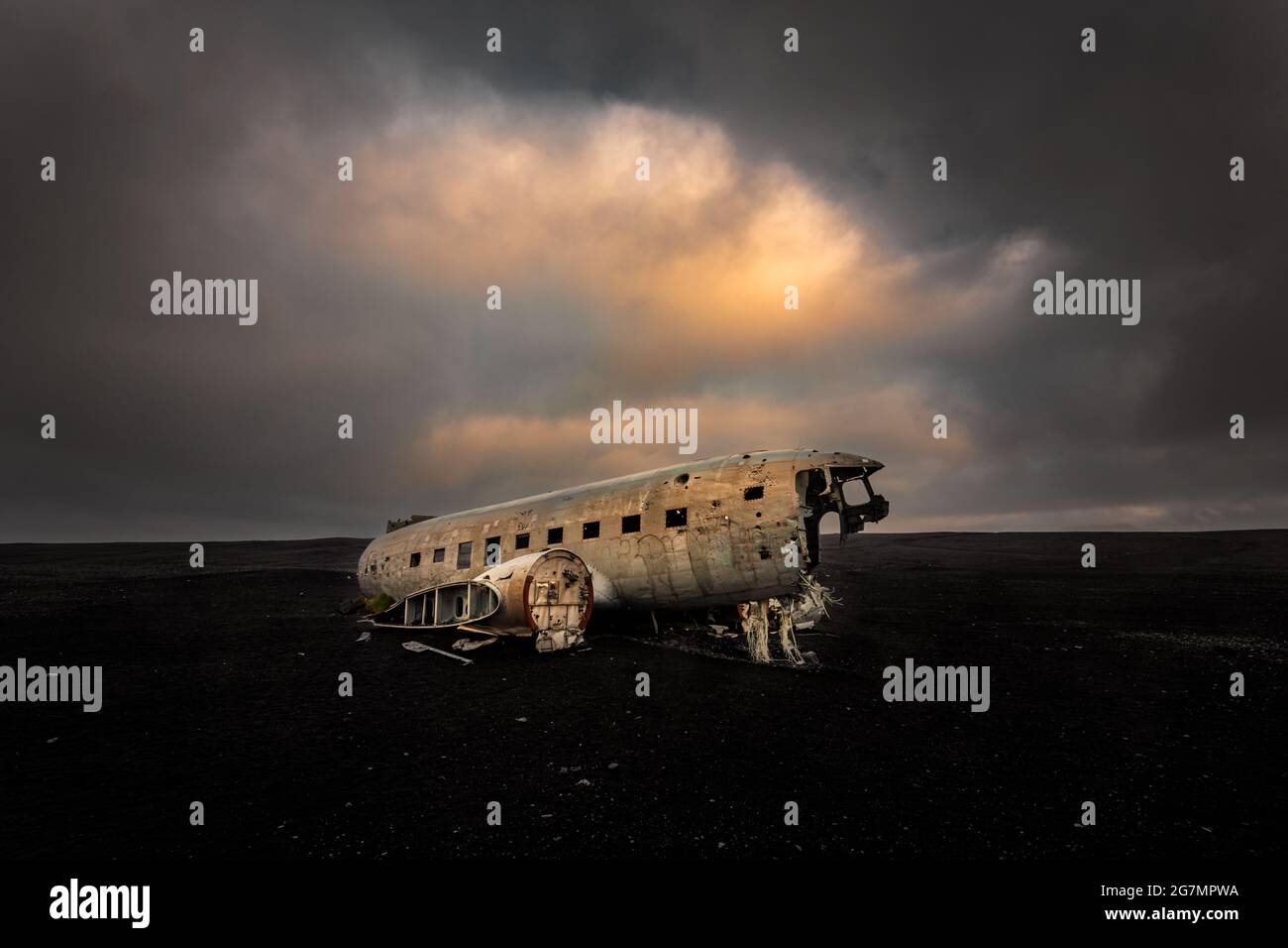 Famous DC3 plane wreck in the black sand of Sólheimasandur. Stock Photo