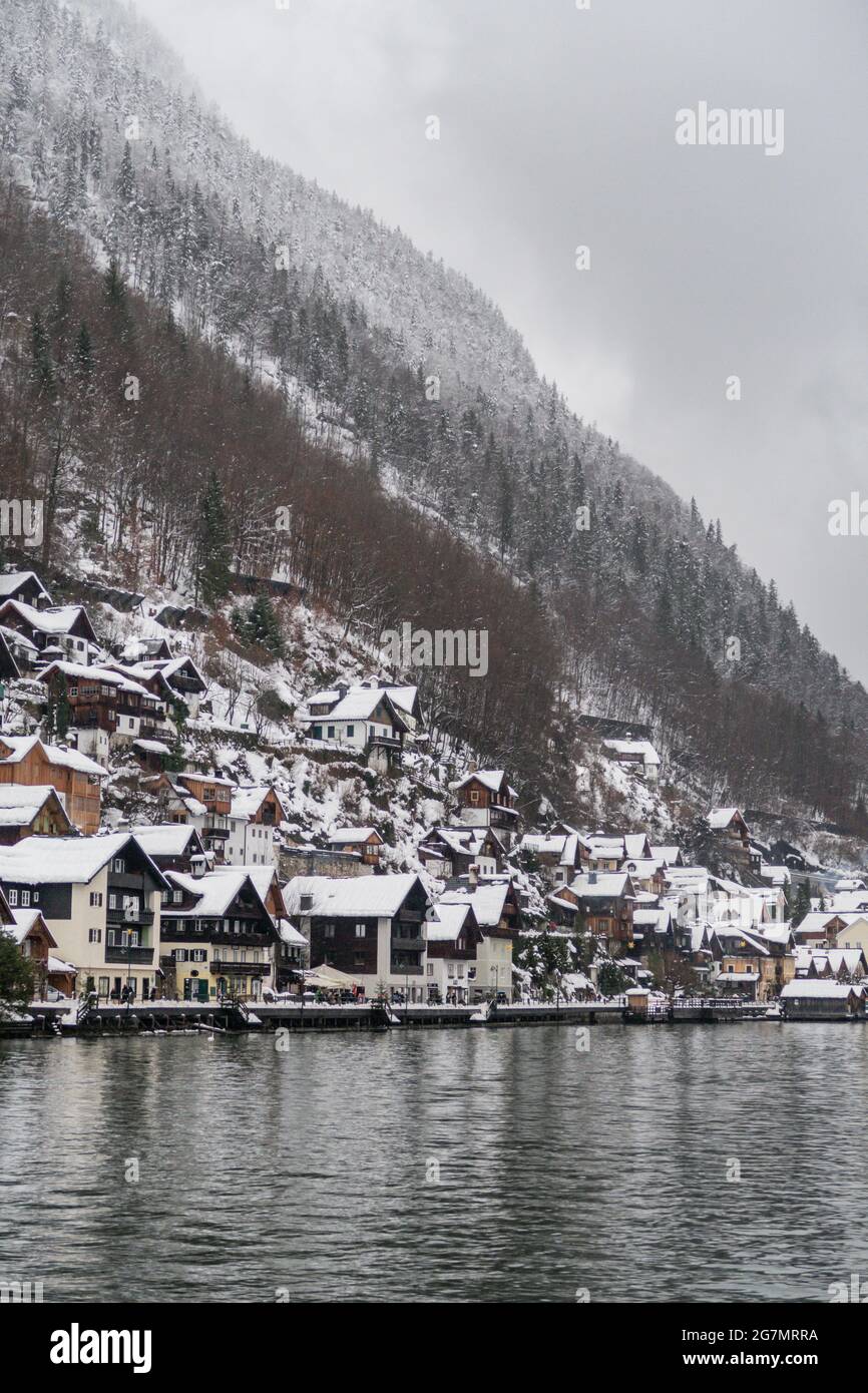 Winter landscape in UNESCO site Hallstatt Austria, heritage town ...
