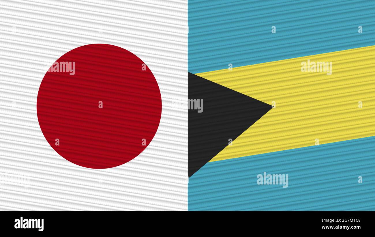 Bahrain and Japan Two Half Flags Together Fabric Texture Illustration Stock Photo