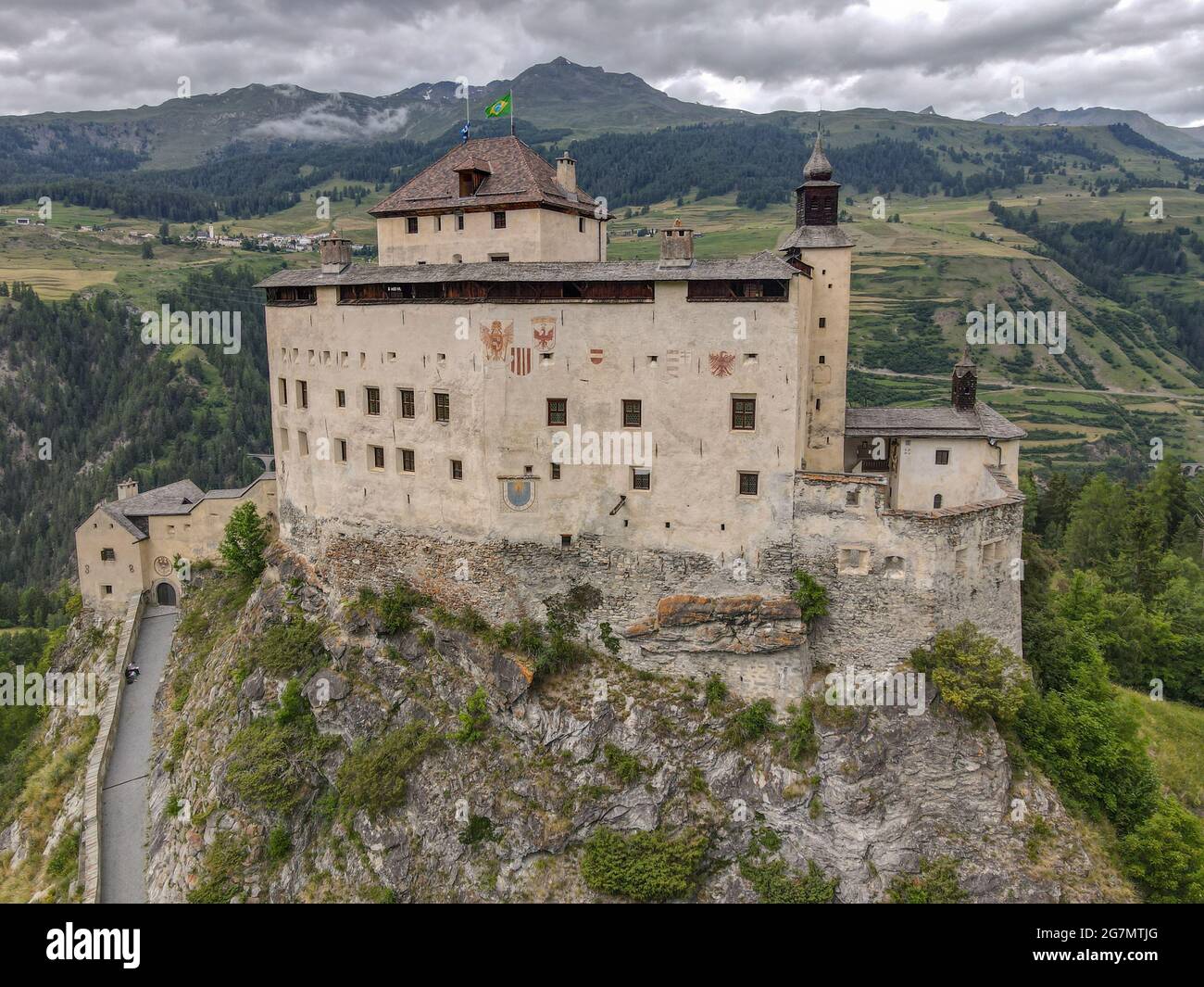 Drone view at Tarasp castle on the Swiss alps Stock Photo