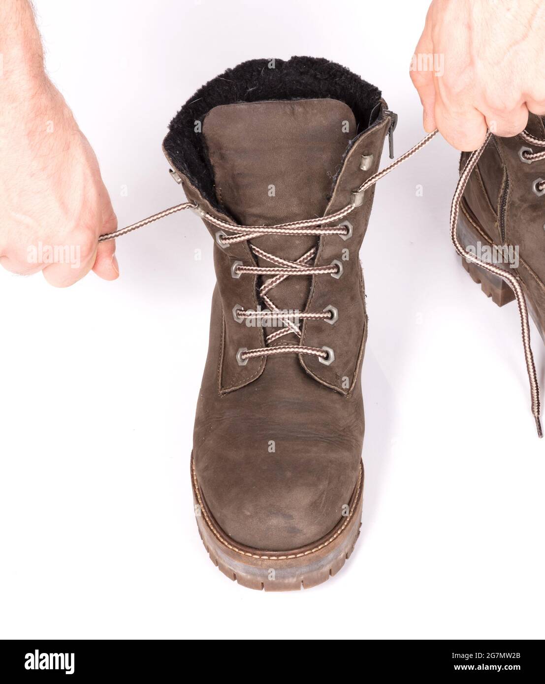 tying hiking boots