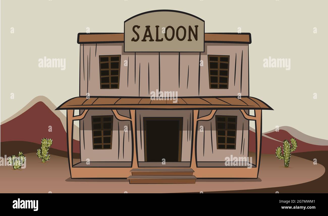 Old Vintage Style Saloon in the middle of wild western desert of texas. Tshirt graphic for country theme apparels. Graphic Design Elements Isolated Ve Stock Vector