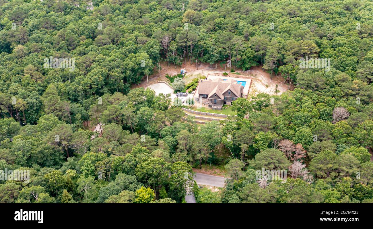 aerial view of 370 little noyac path, Water Mill, NY Stock Photo