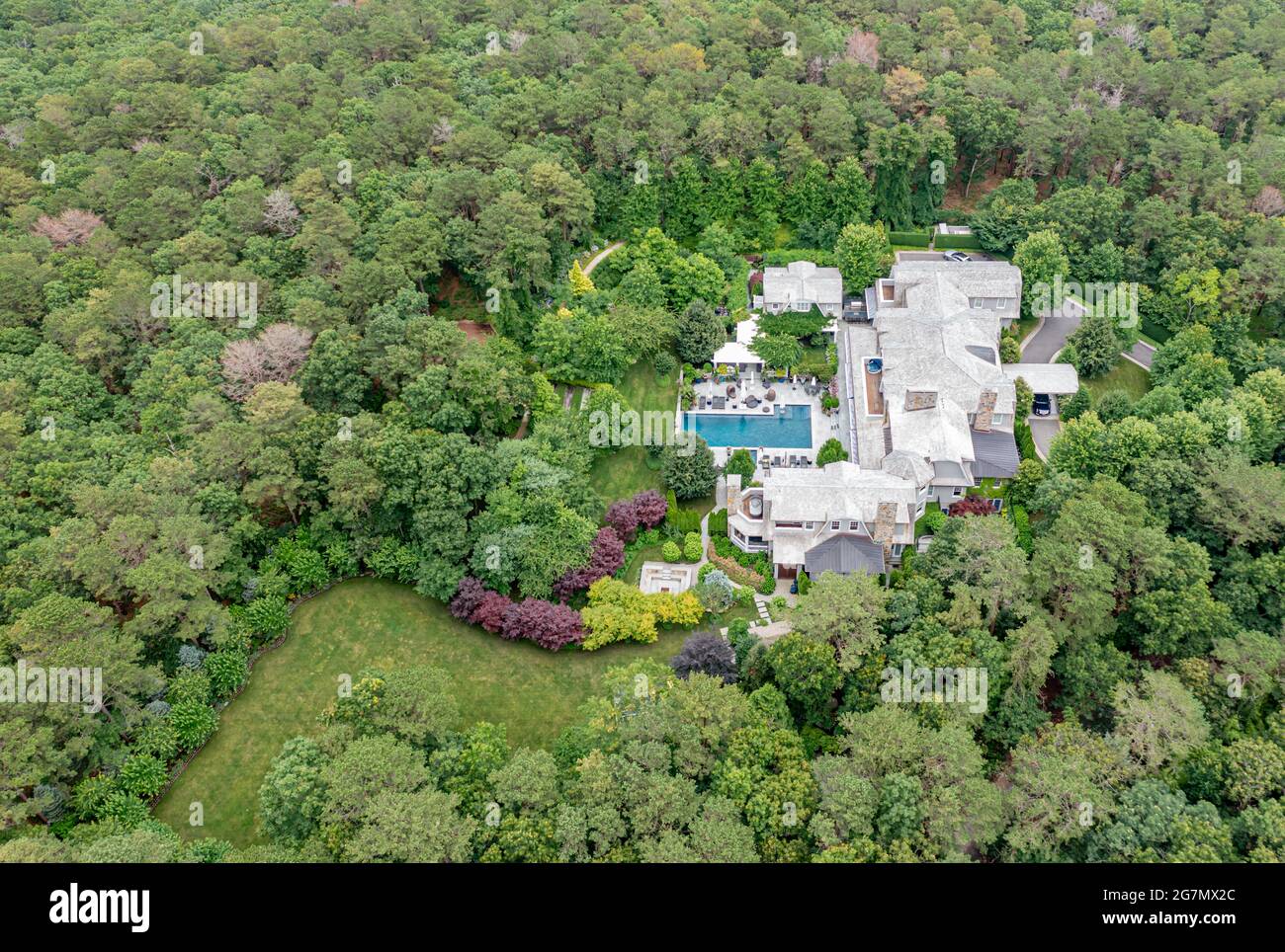 aerial view of 335 little noyac path in Water Mill, NY Stock Photo