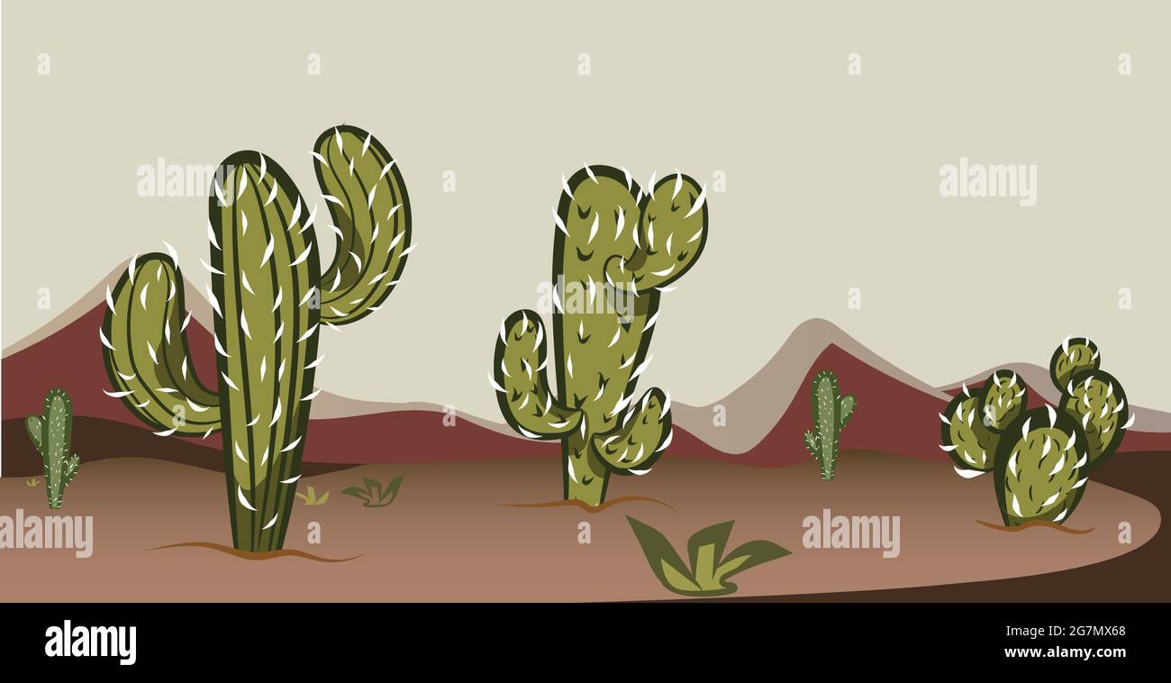 Desert Scene from Wild Western Texas. Country Side cowboy vector background setup. Sand and Hills with earth tone colors. Stock Vector