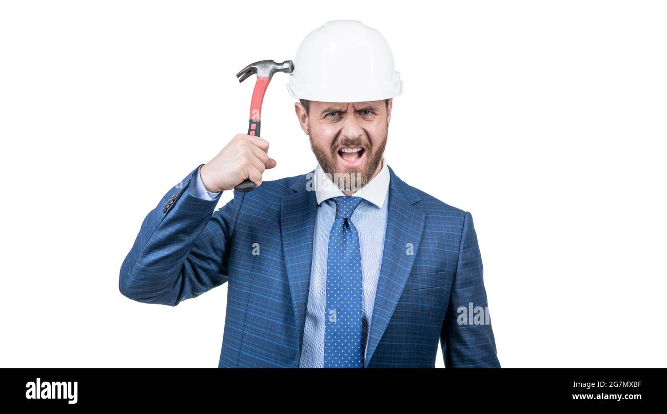 Confident Businessman Man In Suit Hit Safety Helmet With Hammer Isolated On White Protection 9384