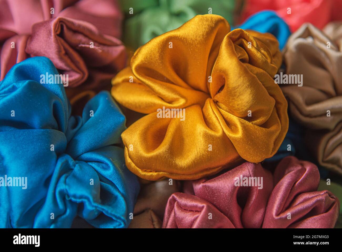 Colorful scrunchies, Hair accessories on the table Stock Photo