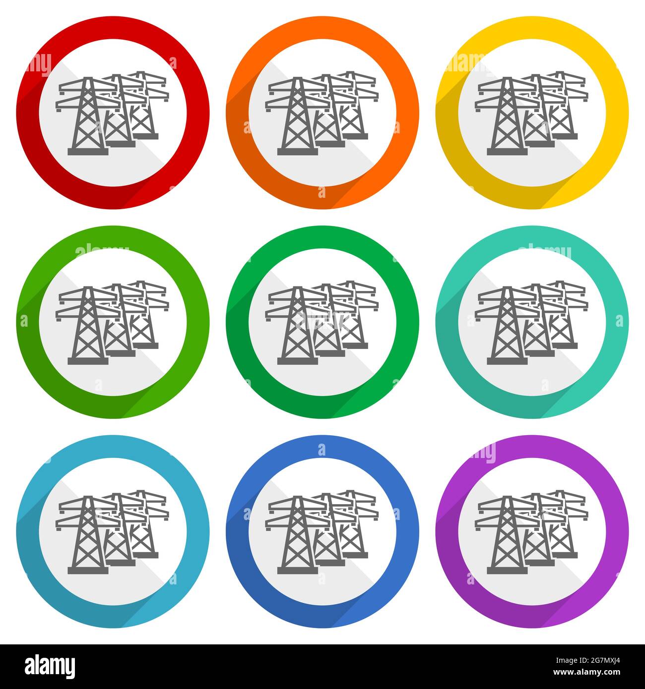 Power line, energy towers vector icons, set of colorful flat design buttons for webdesign and mobile applications Stock Vector