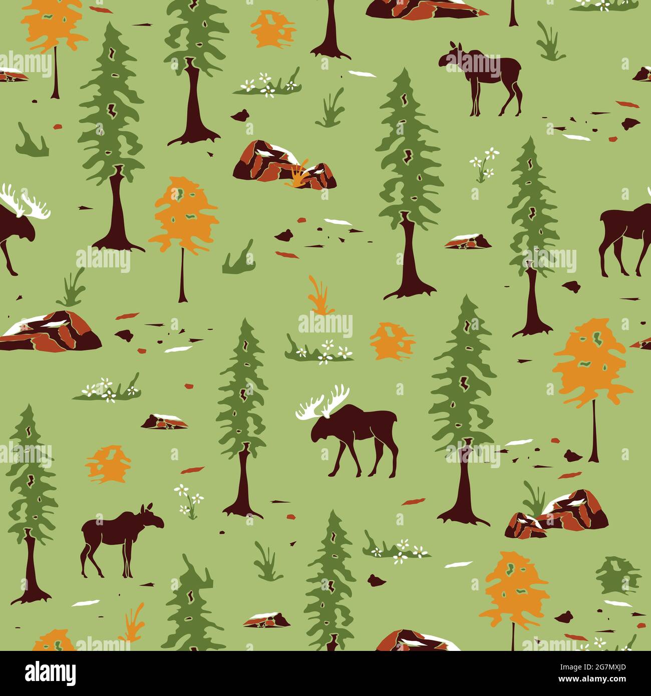 Seamless vector pattern with moose landscape on light green background. Canadian forest wallpaper design. Animal fabric fashion. Stock Vector